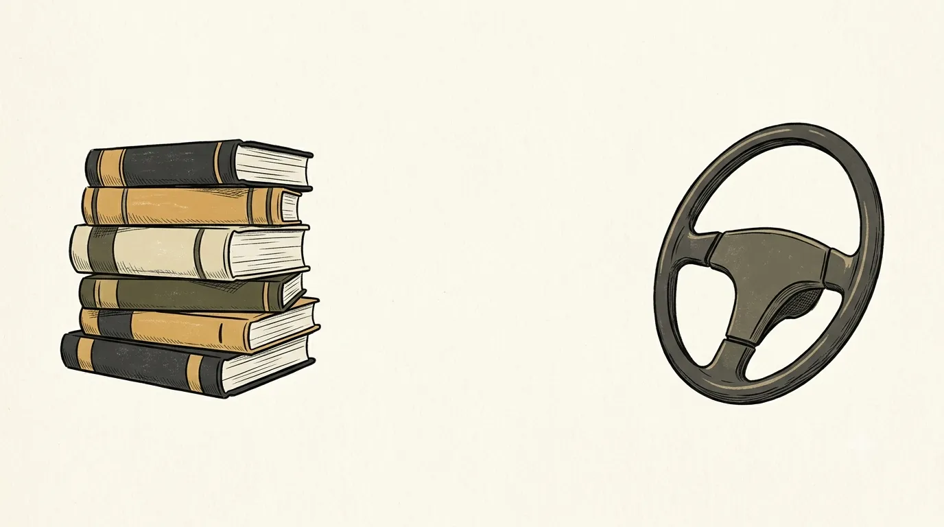 Стопка книг и руль автомобиля — иллюстрация разрыва между знанием и навыком